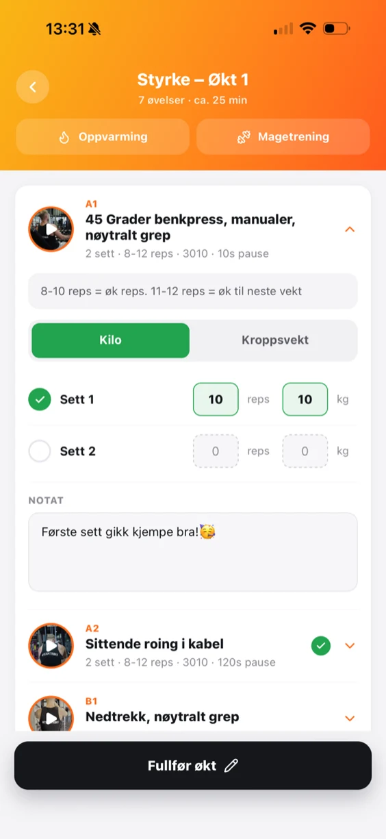 Skjermbilde av appen: Trening